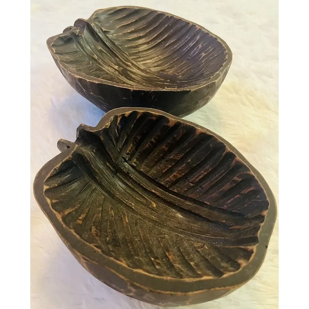 Set 2 Mango Wood Bowls Leaf Hand Carved Decor‎ Vintage Boho Tropical Indonesia